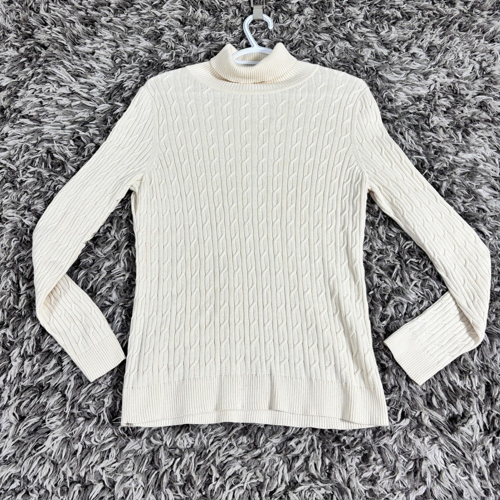 Talbots Womens Cream 100% Cotton Cable Knit Turtleneck Sweater Size Medium